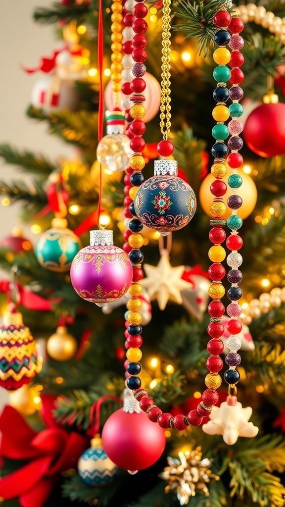 Colorful DIY beaded Christmas ornaments and garlands displayed on a Christmas tree.
